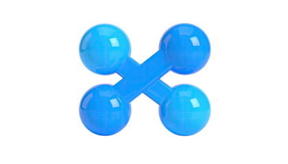 A glossy blue cross shape with four spheres on its ends against a black background