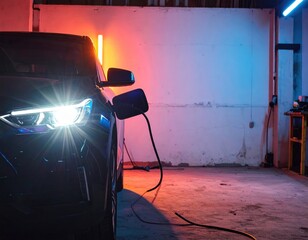 Electric vehicle charging in neon lit garage