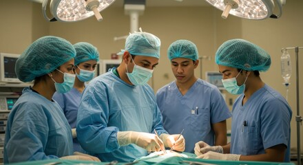 Surgical team performing a complex operation in a modern hospital operating room.