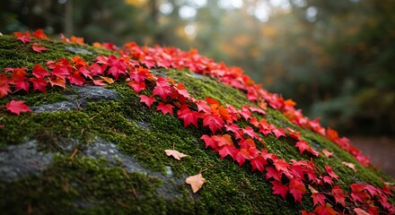Vibrant red autumn leaves on moss covered rock forest background daylight scene