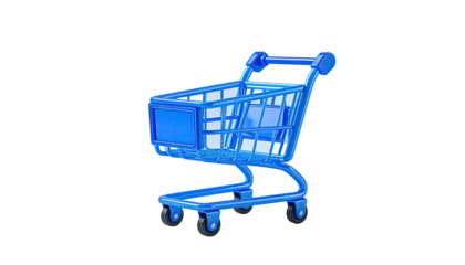 A 3D rendered, translucent blue shopping cart isolated on a black background