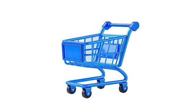 A 3D rendered, translucent blue shopping cart isolated on a black background