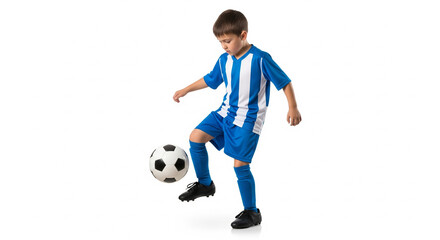 Young boy soccer player doing ball control on isolated on white background