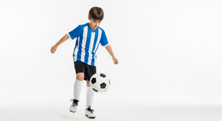 Young boy soccer player doing ball control on isolated on white background