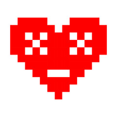 Pixelated red heart with happy smiling emoticon face, retro gaming style symbol of joy, romance, playful affection, and Valentine's Day themes