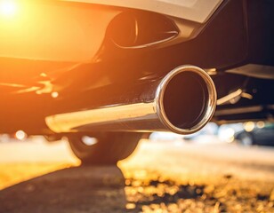 Car exhaust pipe with bright sun flare at golden hour