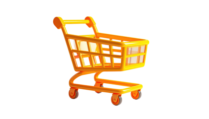 A 3D rendered yellow shopping cart against a black background