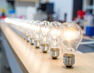 Brightly lit light bulb in a row on a wooden table, symbolizing innovation