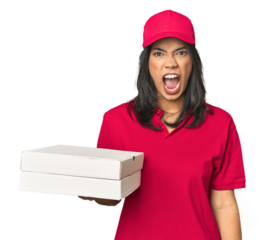 Latina delivering pizza, studio setup screaming very angry and aggressive.