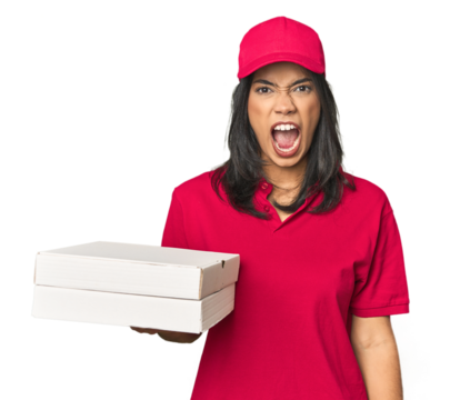 Latina delivering pizza, studio setup screaming very angry and aggressive.