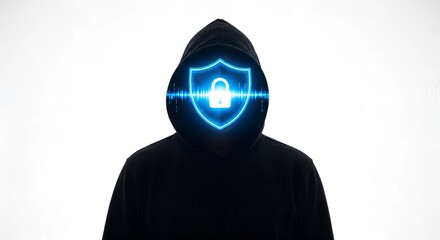 Cybersecurity Identity Protection Concept with Digital Shield and Hoodie Figure