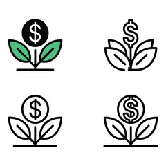 financial growth plant icon set with dollar signs, symbolizing investment, savings, and economic development — minimal vector for business UI