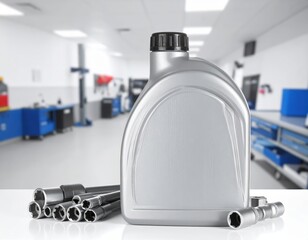 Motor oil bottle and car repair tools in a workshop