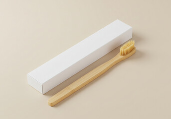 Eco friendly bamboo toothbrush presented in minimalist white packaging on a neutral backdrop, perfect for sustainable dental care brands.