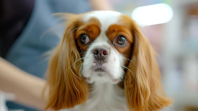 ute little dog, puppy Kings Spaniel in grooming zoo salon. Sad dog, master groomer behind