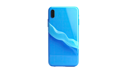 Sleek blue phone back lit with an artistic blue wavy design on a black backdrop