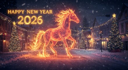 A postcard wishing a happy new year 2026 to the Year of the Fire Horse