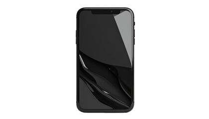 A sleek, black smartphone, screen lit with abstract, glossy, flowing dark shapes