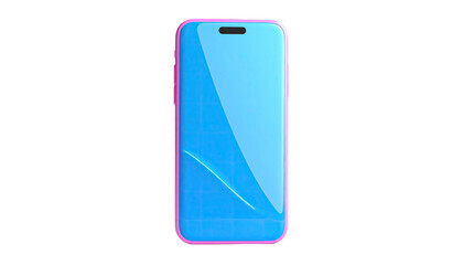 Rendered phone with bright blue screen and pink/purple trim, black background
