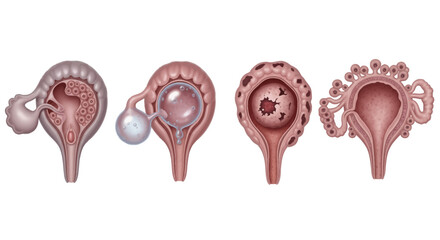 Visualizing uterine health stages for medical education, providing insights into female reproductive system anatomy and health, suitable for textbooks and presentations