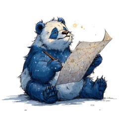Cartoon Panda Character Sketching Constellation Chart in Blue and White Sitting Against a White Background