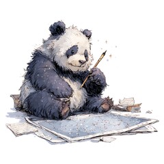 Artistic Sketch of a Panda Creating a Constellation Chart on a White Background