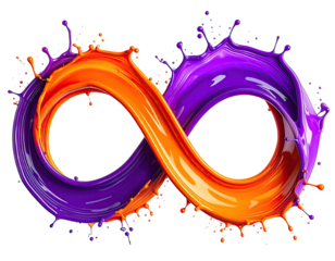 Infinity symbol formed by vibrant orange and purple liquid splashes