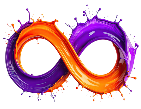 Infinity symbol formed by vibrant orange and purple liquid splashes