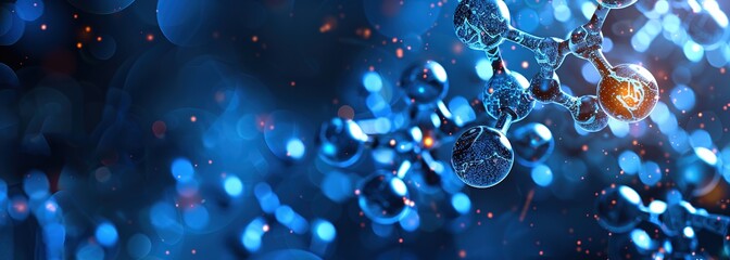 Molecular Structure in Blue Background. It shows a detailed molecular model. Great for scientific research presentations, chemistry education materials, or pharmaceutical industry visuals.