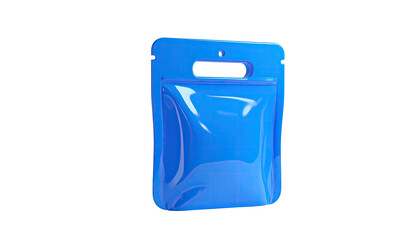 Blue, glossy pouch with rounded corners against a black background