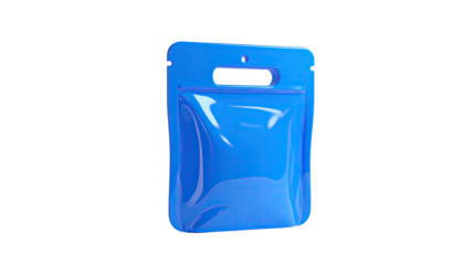 Blue, glossy pouch with rounded corners against a black background