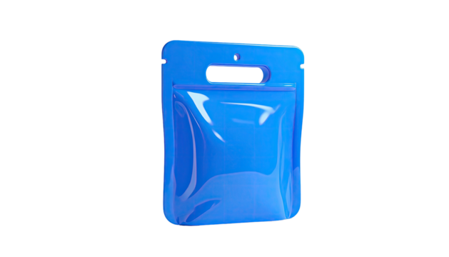 Blue, glossy pouch with rounded corners against a black background