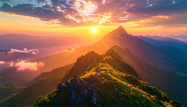 A stunning vista of a mountain range at sunset. The sun casts rays over the rugged peaks. The clouds are illuminated