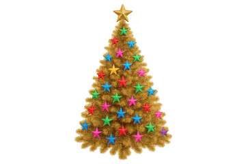 Christmas tree decorated with colorful stars and gold tinsel, celebrating holiday season with festive ornaments