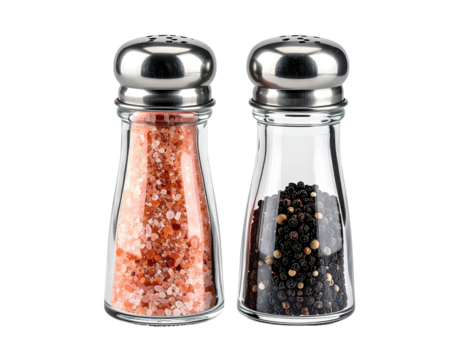 Two glass spice jars, one filled with pink salt, the other with black peppercorns, topped with metallic lids
