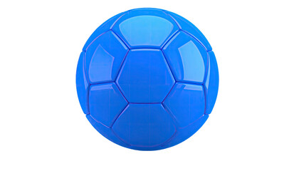 Shiny blue spherical object with pentagons and hexagons on a solid black background