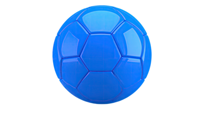 Shiny blue spherical object with pentagons and hexagons on a solid black background