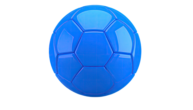 Shiny blue spherical object with pentagons and hexagons on a solid black background