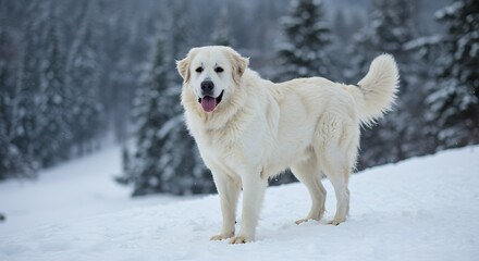 Obraz premium White dog standing in snowy landscape with trees in the background