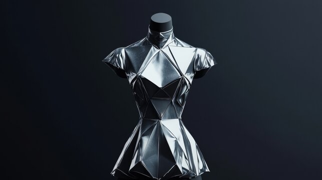 A futuristic metallic dress with sharp geometric patterns shimmering in light sculpted design made of synthetic fibers mannequin