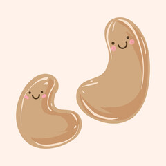 Cashew nuts Cartoon Vector Illustration Isolated On beige background. hand drawn. Cashew nuts for fabric design, textile print, wrapping paper, cover. Vector illustration.