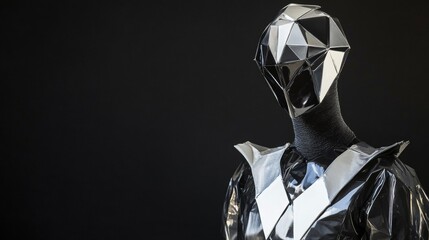 A futuristic metallic dress with sharp geometric patterns shimmering in light sculpted design made of synthetic fibers mannequin  