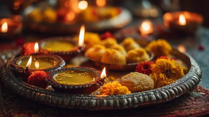 Obraz premium Festive celebration with lights and sweets on a decorative tray during a cultural festival
