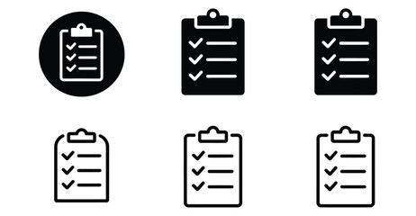 Set of six clipboard icons with checkmarks in solid and outline styles, ideal for task management, to-do lists, productivity, and UI/UX design