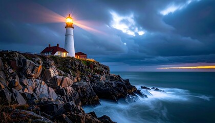 Dramatic lighthouse beams pierce stormy skies, guiding ships safely through crashing ocean waves onto rugged cliffs.