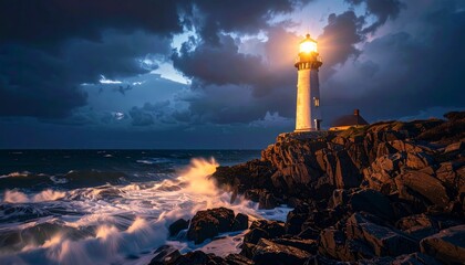 Dramatic lighthouse beams pierce stormy skies, guiding ships safely through crashing ocean waves onto rugged cliffs.