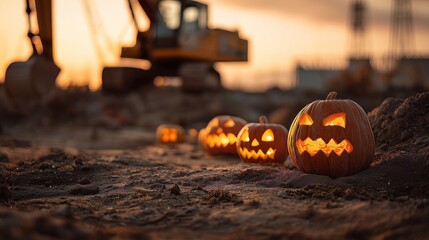 Pumpkins glowing in the dusk at a construction site create a spooky Halloween atmosphere