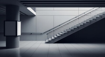 Obraz premium Modern Staircase Interior – Minimalist Architectural Space with Clean Lines and Gray Palette