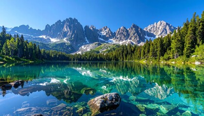Stunning alpine lake perfectly mirrors majestic snow-capped mountains and lush green pine forest under clear blue sky