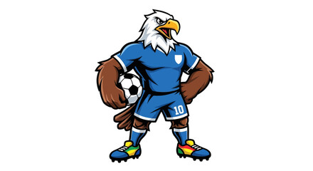 Obraz premium Cartoon eagle mascot wearing a soccer uniform and holding a soccer ball stands ready